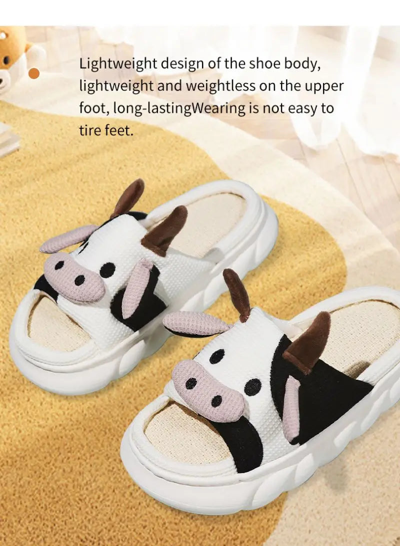 Cartoon Cute Cow House Slippers Women Platform Soft Sole Anti-slip Home Slides Woman Lightweight Warm Plush Indoor Cozy Slippers