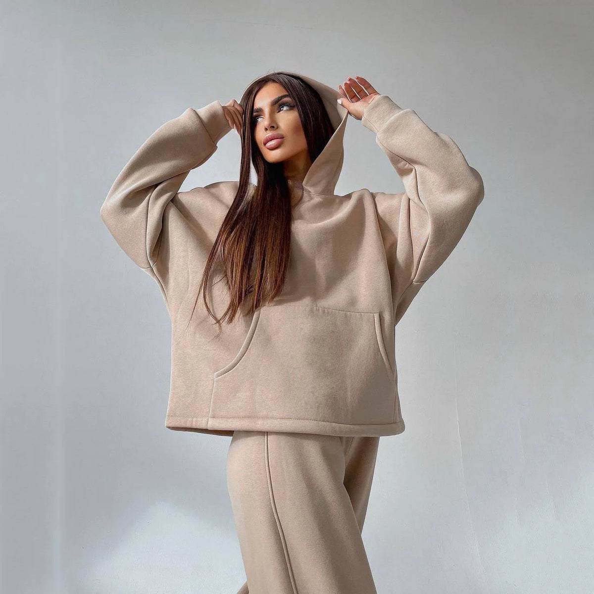 Woman's Solid Color Hooded Sweatshirt Pant Two-piece Set Fashion Long Sleeves Pocket Pullovers Pants Suits Ladies Loose Outfit