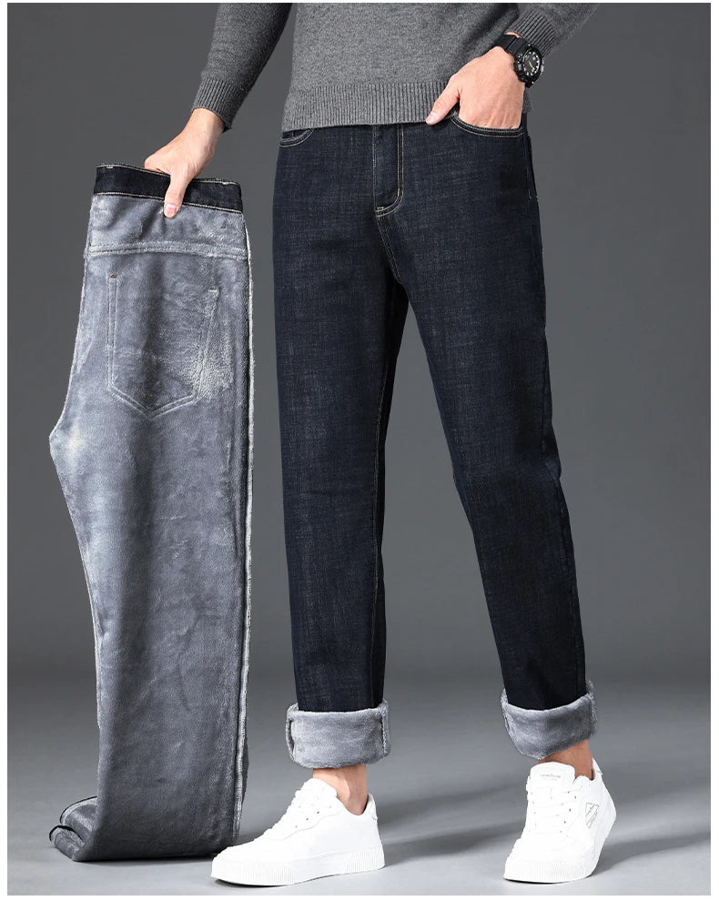 Men Winter Fleece Warm Jeans Brand 2024 Fashion Business Pants Retro Classic Denim Trousers Autumn Casual Stretch Slim Jeans Men