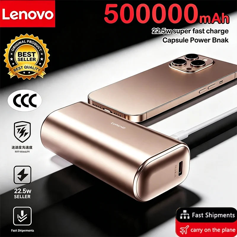 Lenovo 500000mAh Mini Portable 20W Fast Charging USB C Power Bank Travel Battery Pack Charger for iPhone 15 16 Android Devices