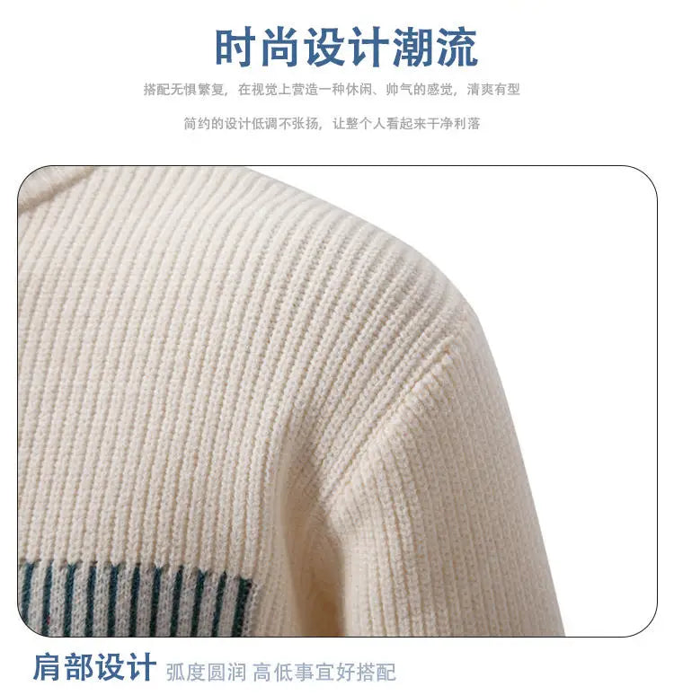 Striped Jacquard Man Pullover Sweaters Jersey Cuello Alto Hombre Autumn Winter Half High Collar Long Sleeve Men Knitted Sweater