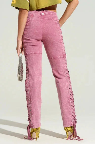 Europe America New Fashionable Women's Straight-leg High-waisted Jeans, Featuring Lace-up Straps and Drawstrings for Hot Girls