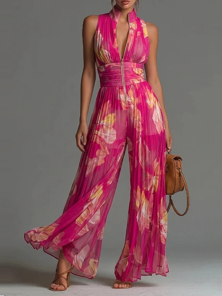 Elegant High Neck Wide Leg Playsuit Sexy Hanging Neck Sleeveless High Waist Romper Casual Solid Pleated Office Commute Jumpsuit