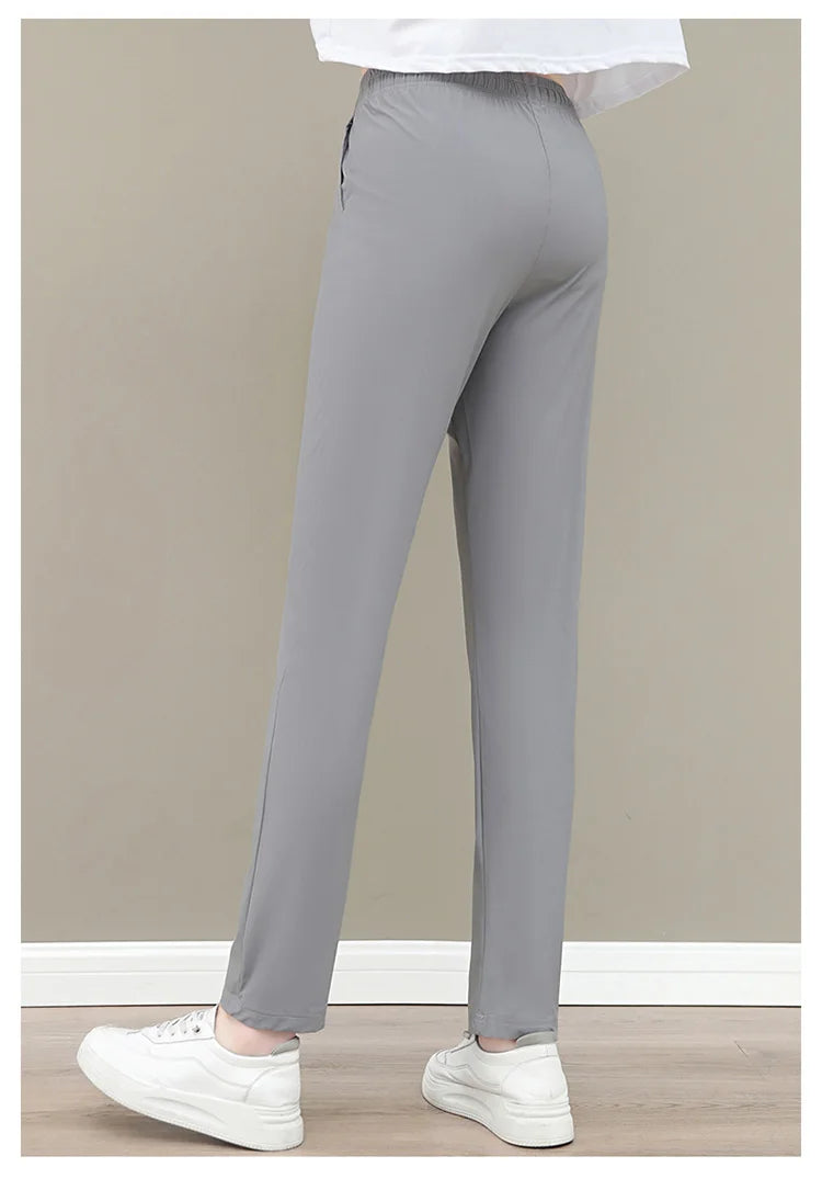 New Women'S Fashion Loose Summer Thin Ice Silk Pants Mom'S Casual High Waist Comfortable Versatile Sports 9-Point Trousers