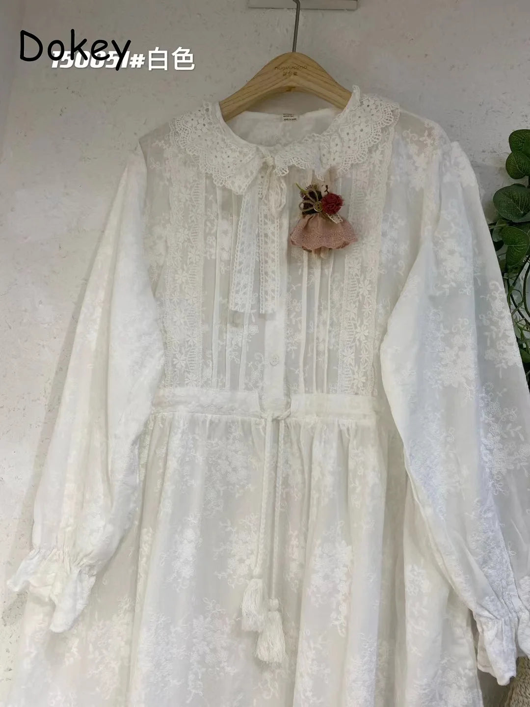 Vintage Embroidery Long Sleeve Cotton Linen Dresses Women Japanese Mori Girl Ruffled Lace Collar Loose Midi Dress Casual Vestido