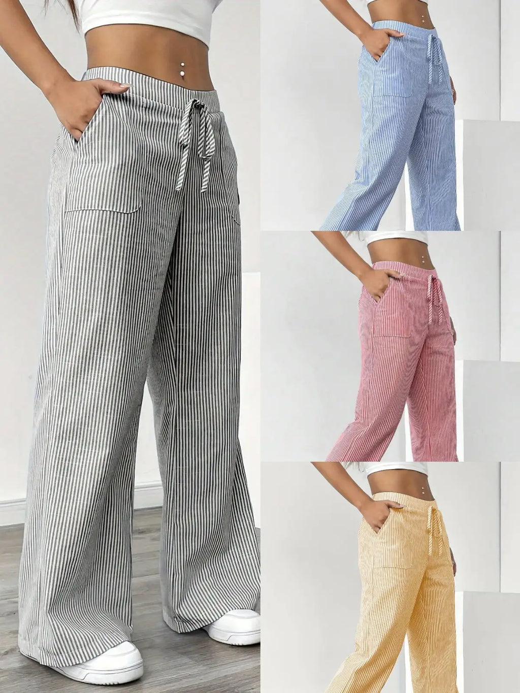 Summer Striped Wide Leg Pants Women High Waisted  Drawstring Loose Fit Slimming Casual Straight Leg Harem Pants Female Trousers