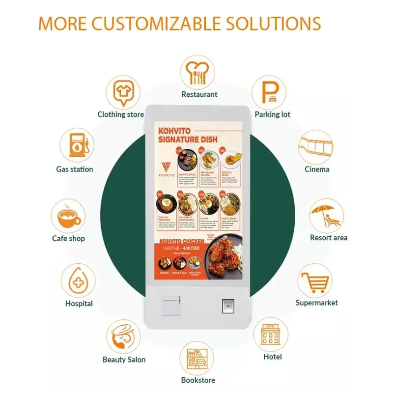 -Inch interactive digital nage kiosk for self-service ordering payment systems in rtaurants and cafeterias
