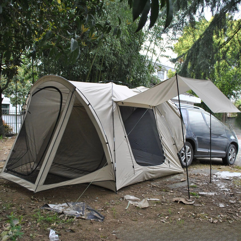Rear integrated tent, with mesh yarn, one room and one living room, including an integrated extension canopy, car rear tent