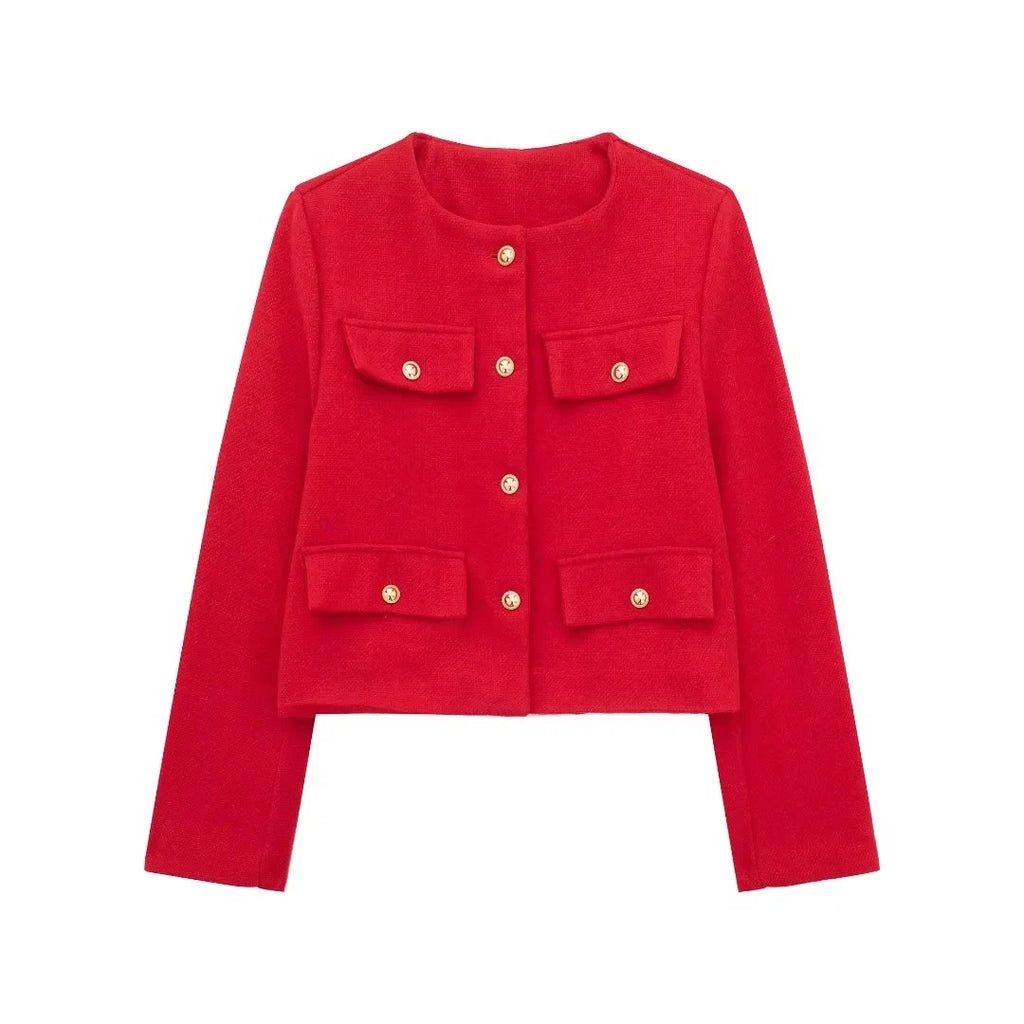 HH Women Vintage Solid Coat Button Long Sleeve O Neck Jacket With Pocket 2024 Spring Elegant Female Casual Outerwear Jakcet