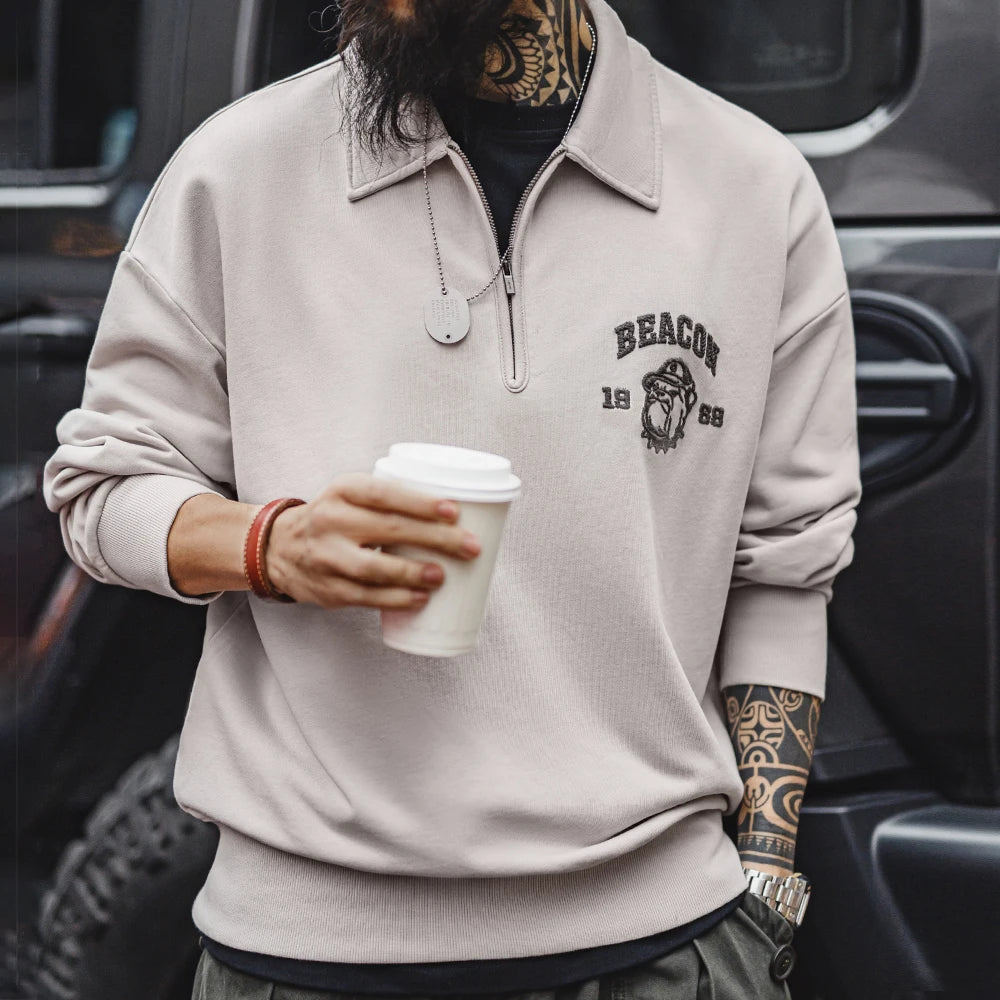 Maden Vintage Men's Long Sleeve Embroidered Sweatshirt with Letters Half-open Front Casual Hoodie Turned-up Collar for Spring