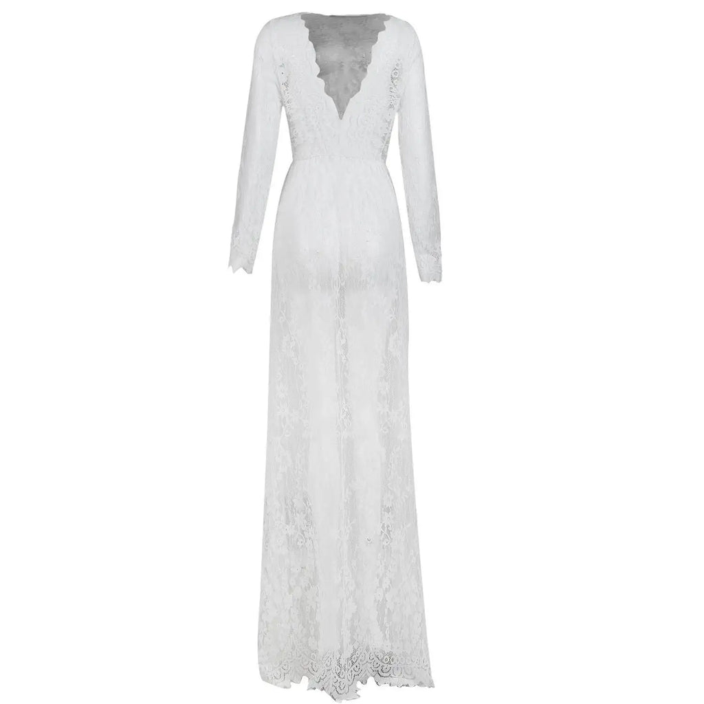 Fashionable Sexy Deep Collar Long Sleeve Lace See-through Bodycon Gown Trendy Women's Dress Elegant Draped Skirt Maxi Dress