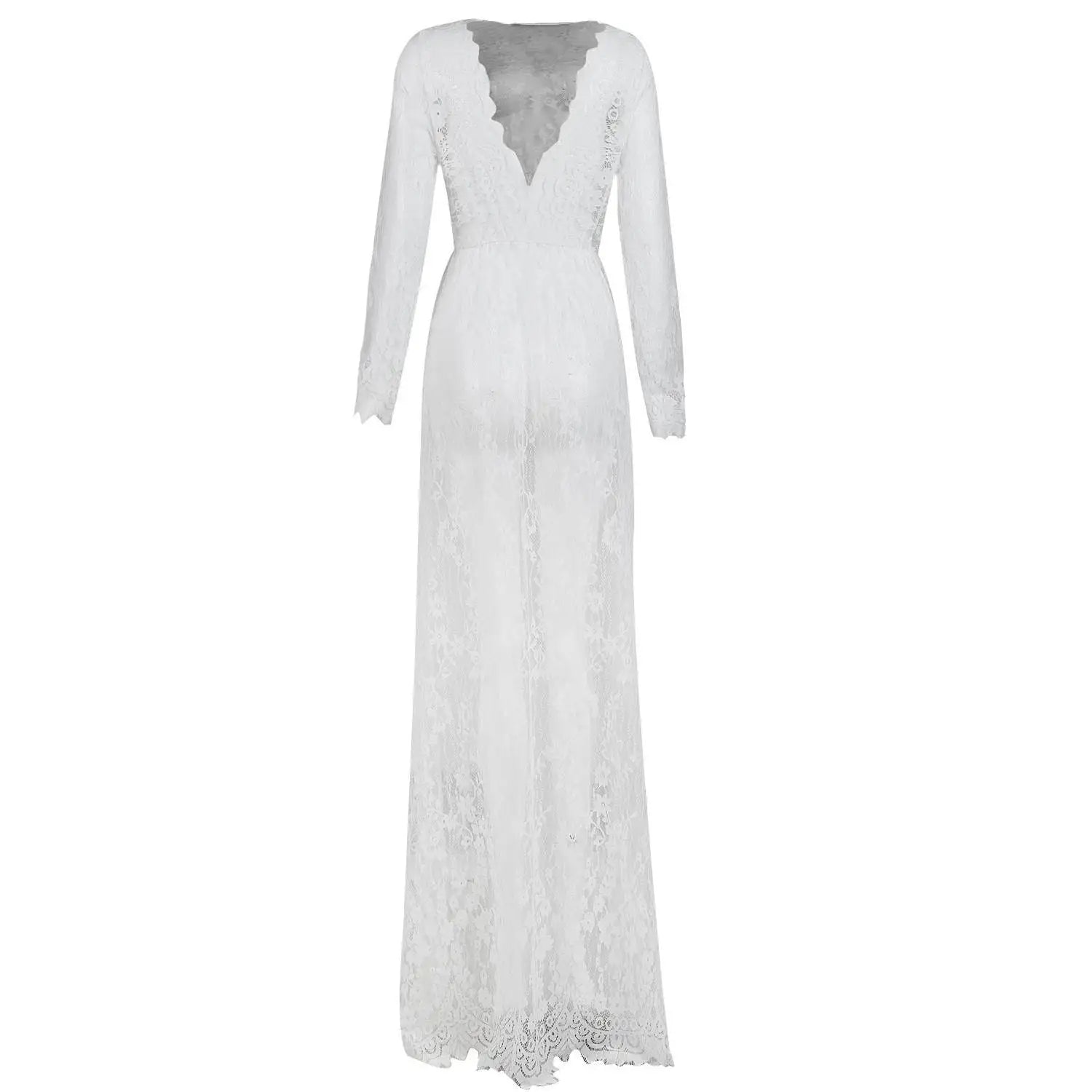 Fashionable Sexy Deep Collar Long Sleeve Lace See-through Bodycon Gown Trendy Women's Dress Elegant Draped Skirt Maxi Dress