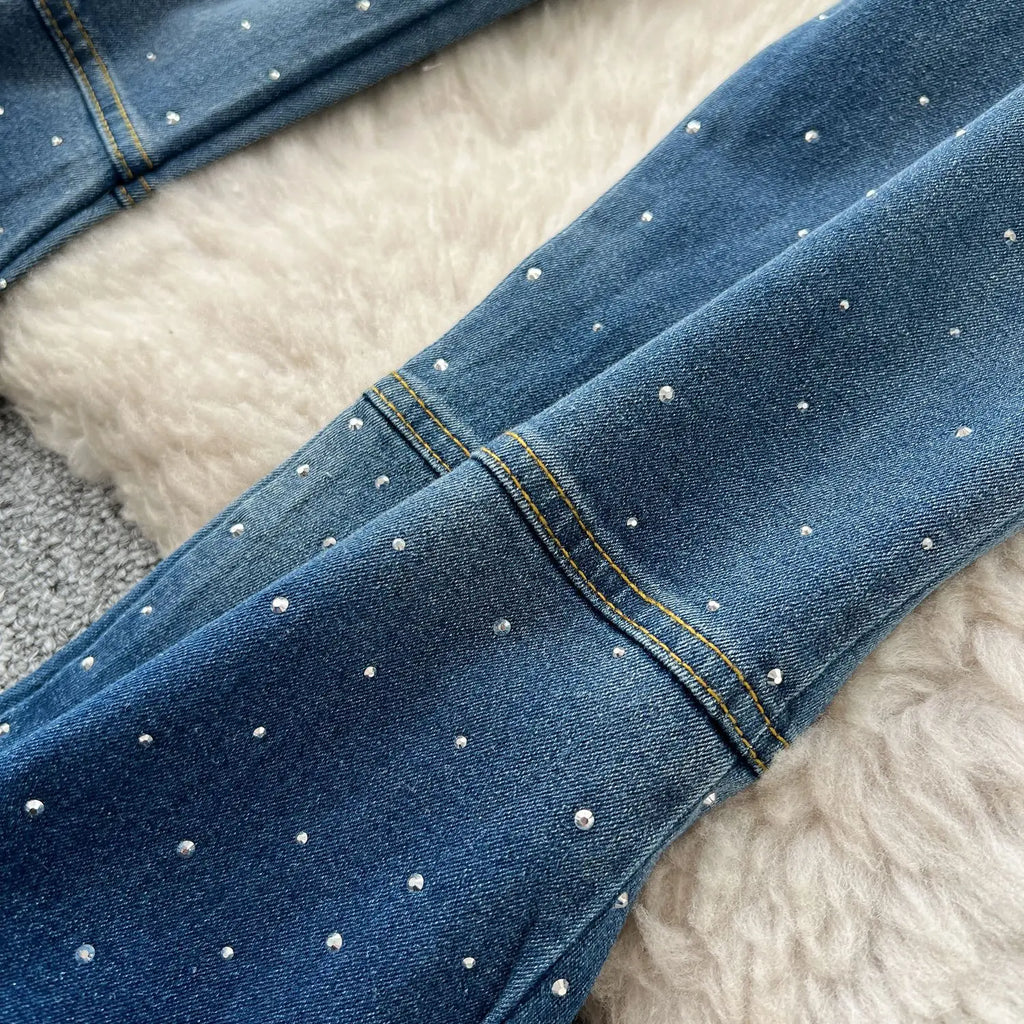 Denim Pant Set Women Two Piece Sets Sexy Matching Sets Sleeveless Short Tops Long Flare Pants High Waist Slim Hot Diamond