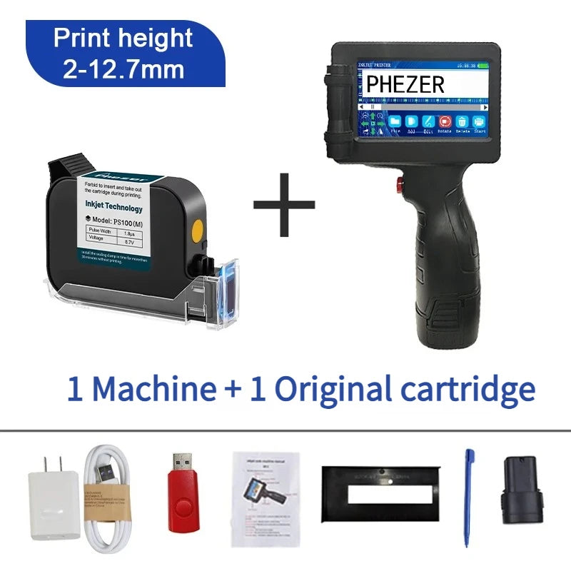 Phezer P17 Handheld Inkjet Printer 12.7mm Portable Date Coder 28 Languages Print Expiry Batch QR Barcode Logo in Yellow Ink