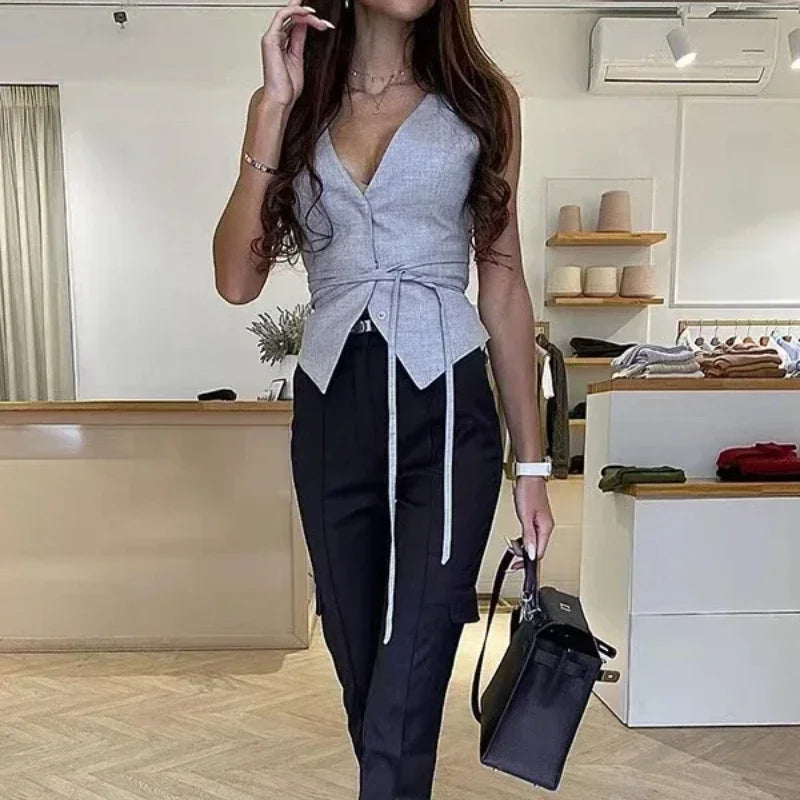 Women Elegant Chic Lace-up V-neck Vest Solid Slim Sleeveless Tops Female Spring Fashion Sexy Lady Streetwear