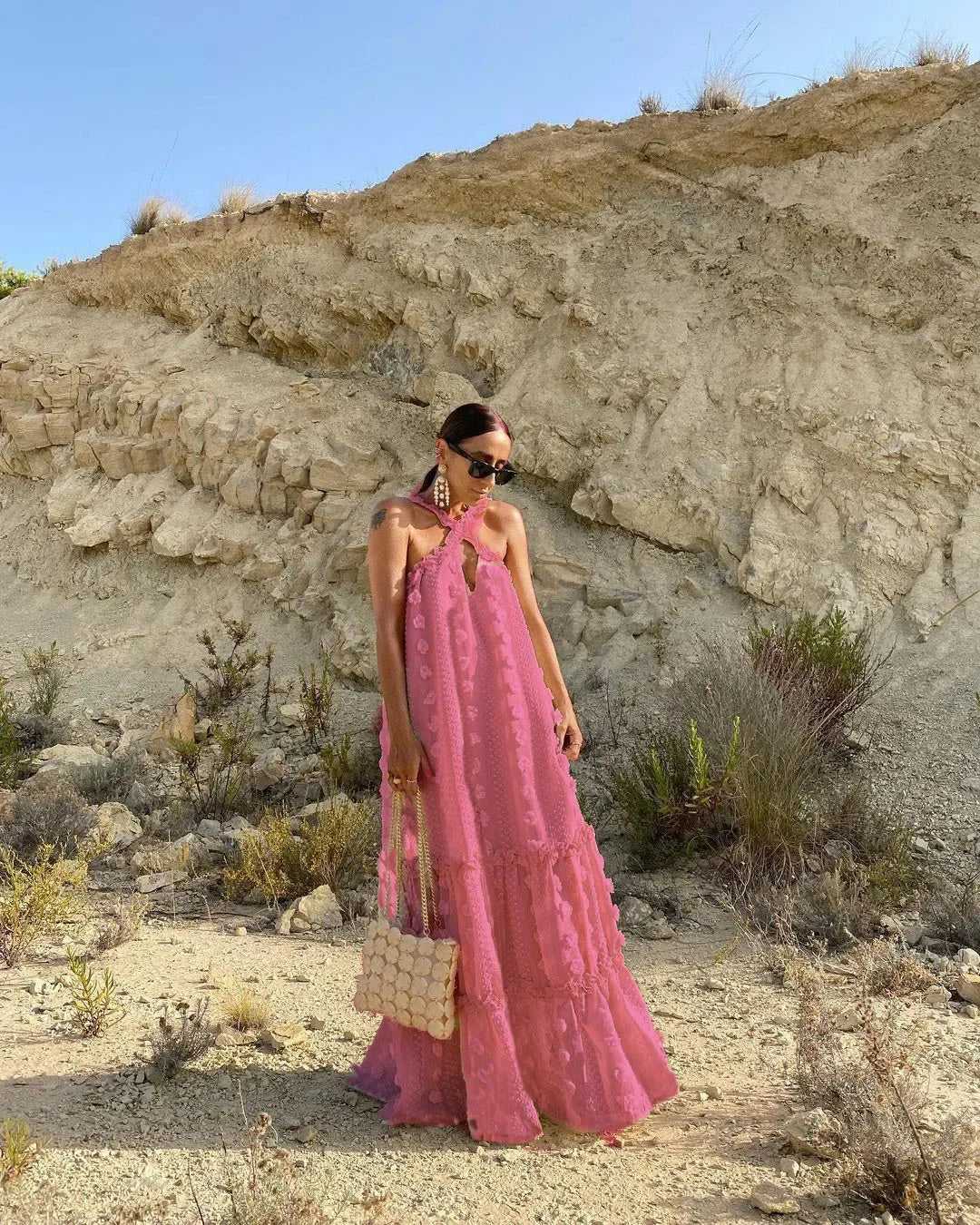 Sleeveless Halter Maxi Summer Dress for Women Fashion Ruffle Beach Long Robe 2025 Elegant Slip Holiday Hollow Out Sundress