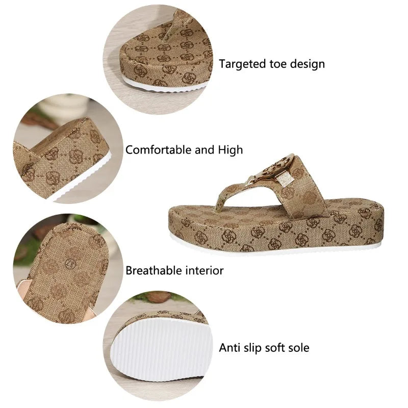 Women Flip-flops Fashion Platform Cool Slippers Summer Open-toe Beach Slippers Retro Embroidered Metal Buckle Designer Slippers