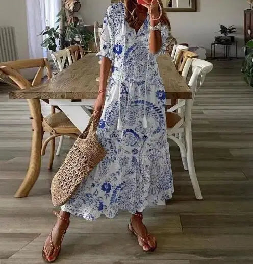 FALL Summer New 2026 Women's Casual Sweet Loose Sexy V-neck Drawstring Fashionable Printed Long Sleeved Boho Bohemian Dresses
