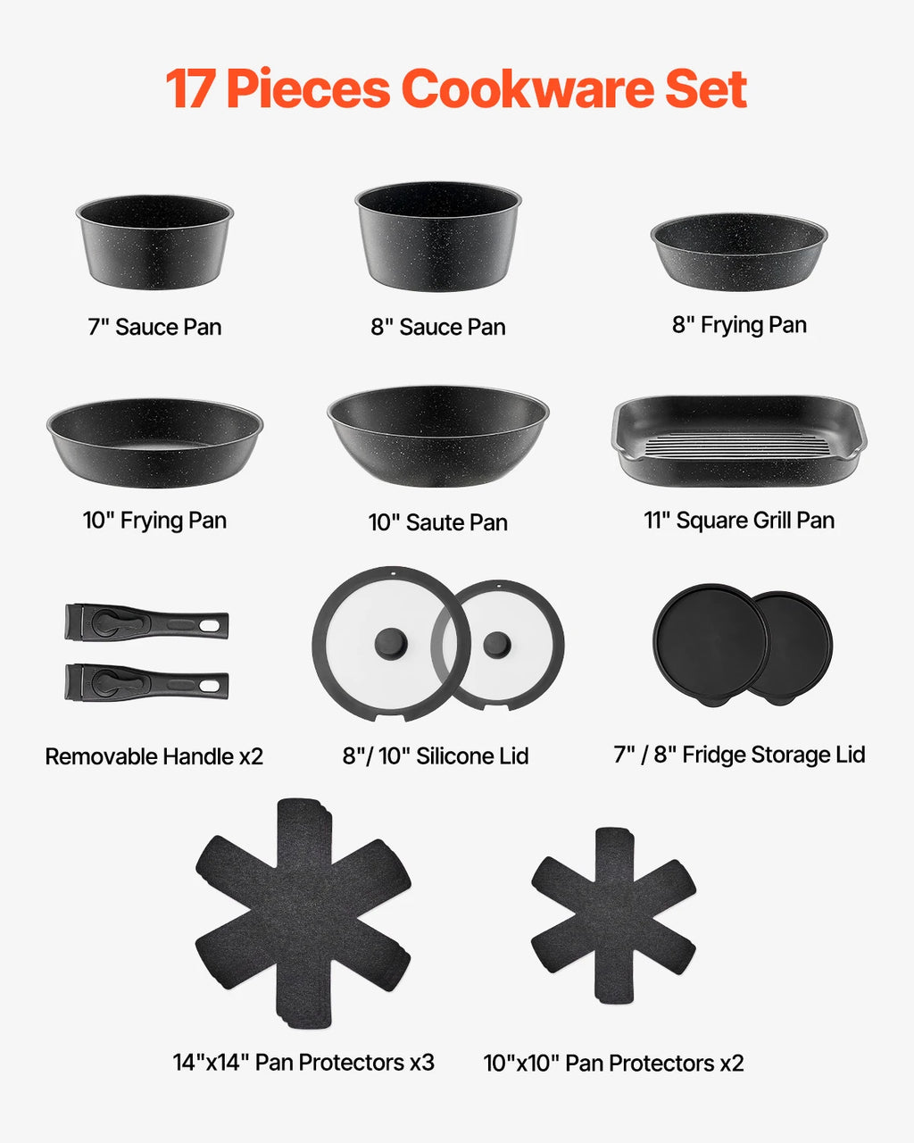 SucceBuy 17 Pcs Nonstick Cookware Set Granite Pots and Pans Set Induction Cookwares Kitchen Cooking Set w/Frying Sauce Saute Pan
