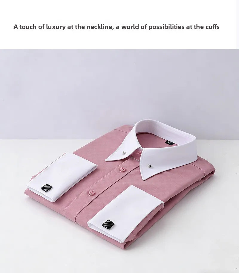 Embroidered French Cufflinks Men's Long-Sleeve Shirt with Collar Pins No tie Big Collar Dress Shirt for Business Formal Gentlema