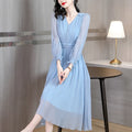 Blue Silk Long-Sleeved Dress For Spring Women's 2023 New High-Mulberry Silk Mesh Stitching Shows Thin And Long Skirt