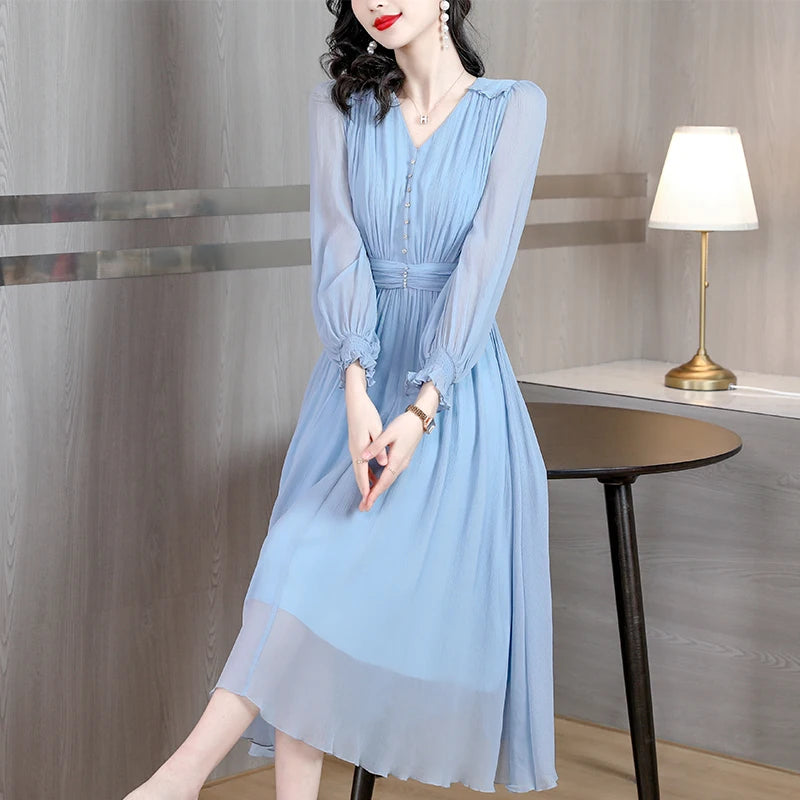 Blue Silk Long-Sleeved Dress For Spring Women's 2023 New High-Mulberry Silk Mesh Stitching Shows Thin And Long Skirt