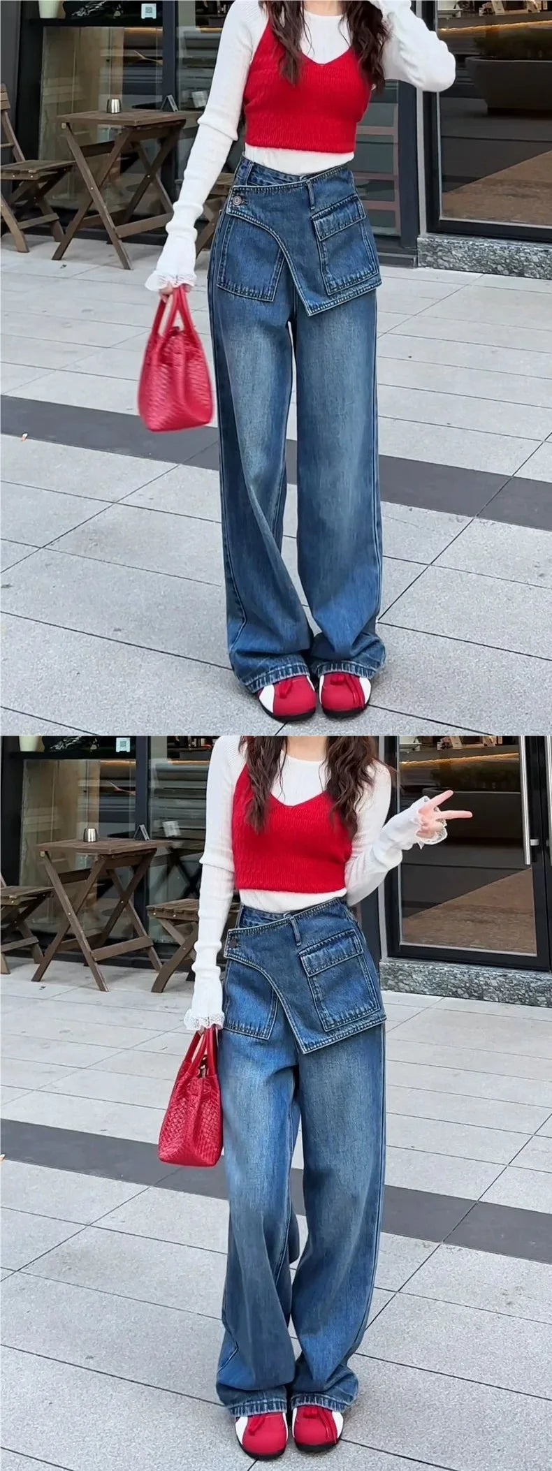 Fake Two-piece Retro High-waisted Wide-leg Jeans Women's Autumn New Loose and Thin Casual Straight-leg Floor Pants