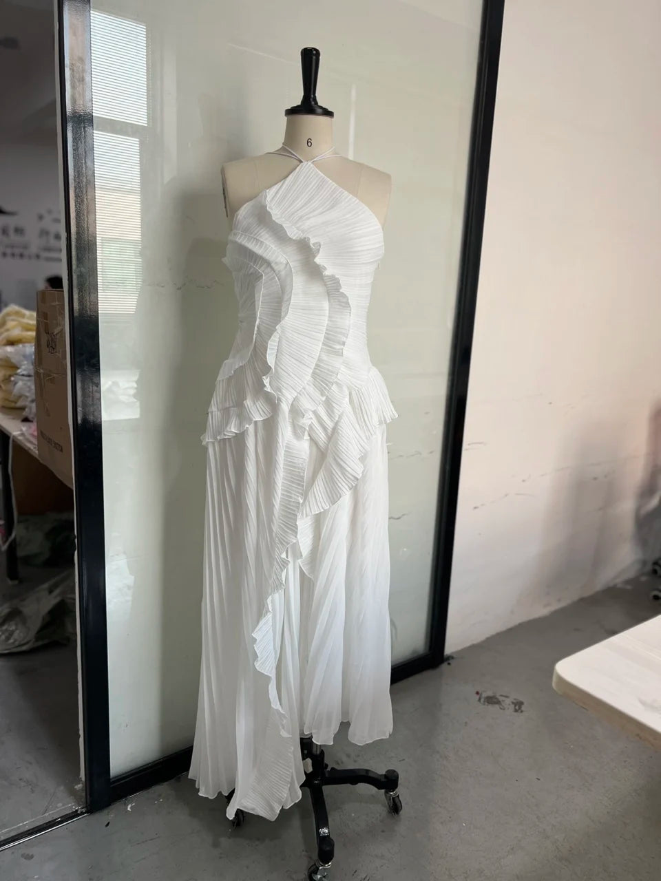 Bohemian Blue Pleated Halter Maxi Dress Women Gentle Sleeveless Asymmetric Ruffles Vestido Romantic Dinner Date Night Gowns 2026