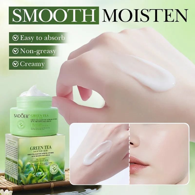 SADOER Green Tea Salicylic Acid Face Cream - Oil Control, Anti Acne, Water-Oil Balance & Deep Moisturizing for Smooth Skin