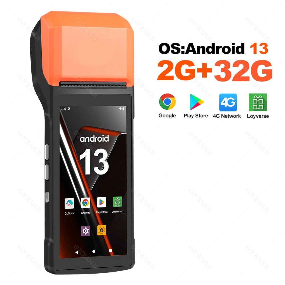 4G Android 13/14 Handheld POS Printer with 58mm Thermal Printing, 1D2D Scanner, NFC optional Compatible with Loyverse POS, Grab