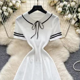 New Summer Women Sailor Collar Short Sleeve Knitted Dress Sundress Bow Lace Up Elatic Bodycon Pencil Vestidos Short Dress