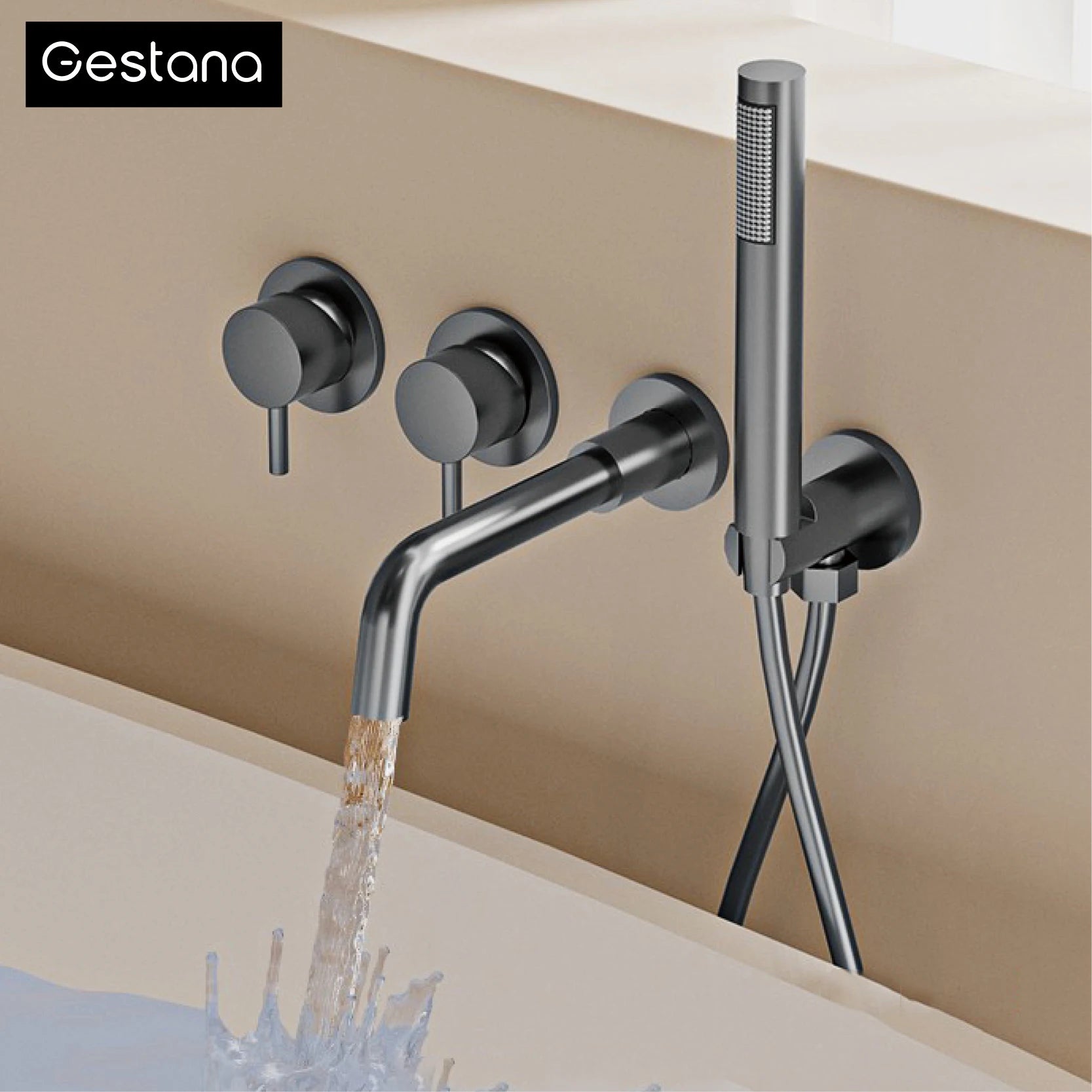 Bathroom Minimalist Gun Gray Brass Wall Mounted Bathtub Faucet with Dual Handles for Hot & Cold Water Dual Function Shower Mixer