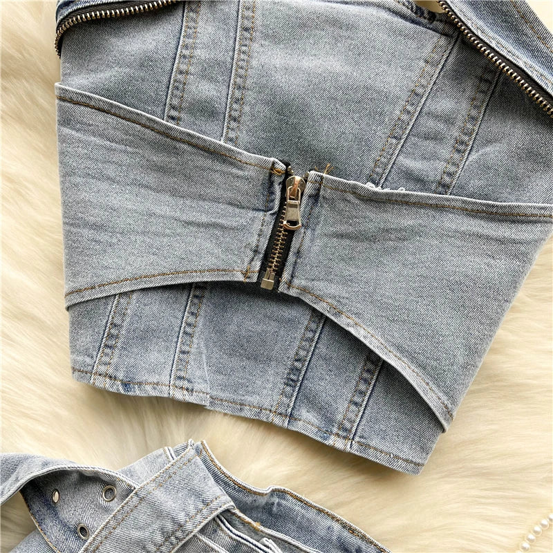 Sexy Women Summer Denim Jeans Halter Tops Mini Skirt Outfits Suits Backless Sashes Chic Style Bodycon High Waist Vestidos