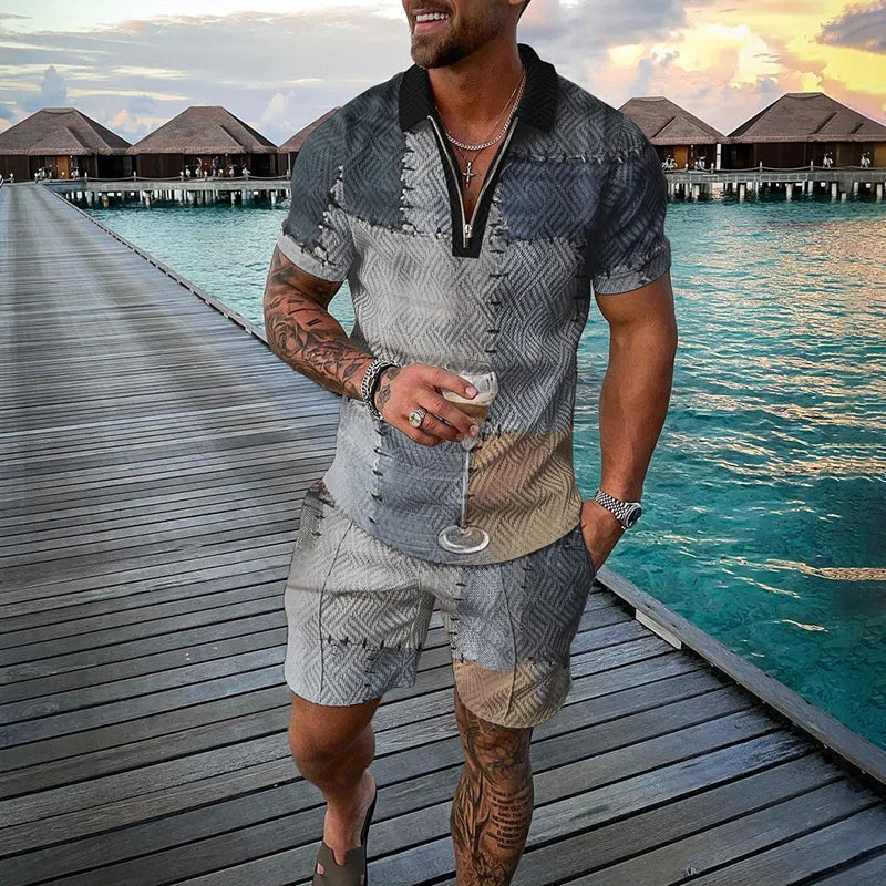 Men Zipper Polo Shirt Suit 2 Pcs Tracksuit Summer 3D Print Beach Boho Geometric Style Holiday Clothing Ensembles De Sport