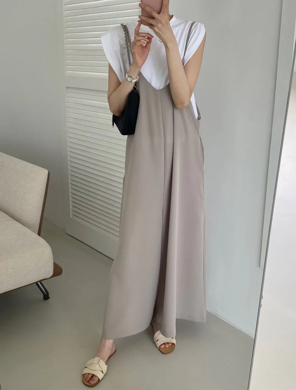 Versatile Loose Fit Slimming Shoulder Strap Pants Casual Pants Jumpsuit 2 Colors Drapey Comfortable Mid-aged Women's Pants