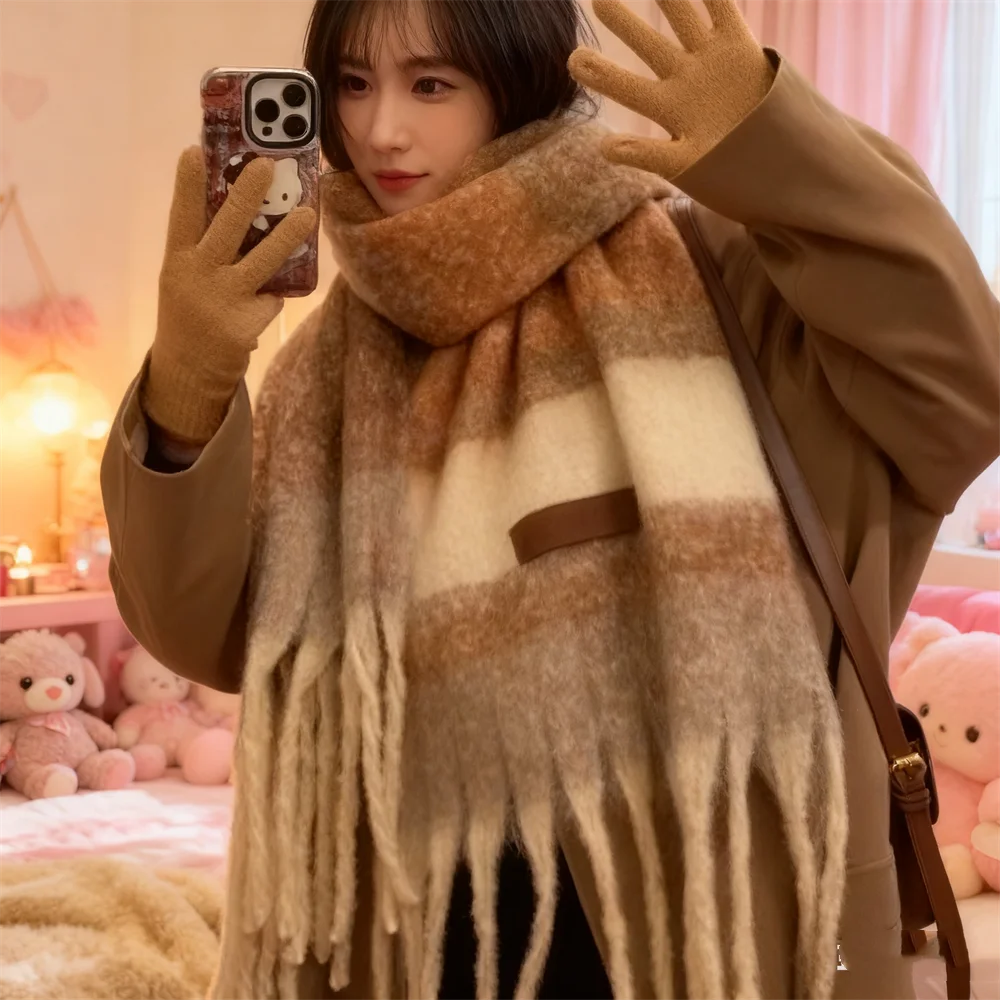 50X200cm Maillard Premium Atmosphere Scarf Women's Winter 2025 New Korean Version Versatile Thickened Mohair Scarf Warm