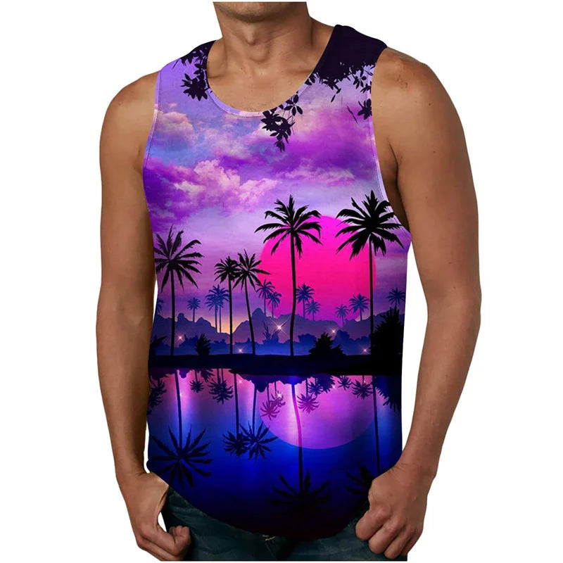 vintage Summer 3D New Coconut Trees Printed Tank Top Tropical Leaves Graphic Tank Tops Men Fashion Cool Streetwear Clothing Vest