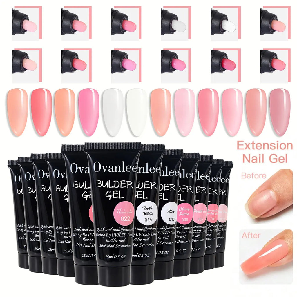 Ovanlee 18-Piece All-in-One Nail Builder Gel Kit – 12 Colors 15ml Polygel with Mini UV/LED Lamp, Cleaning Fluid, Nail Tips & Tools – Form-Free DIY Manicure Extension & Strengthening Set
