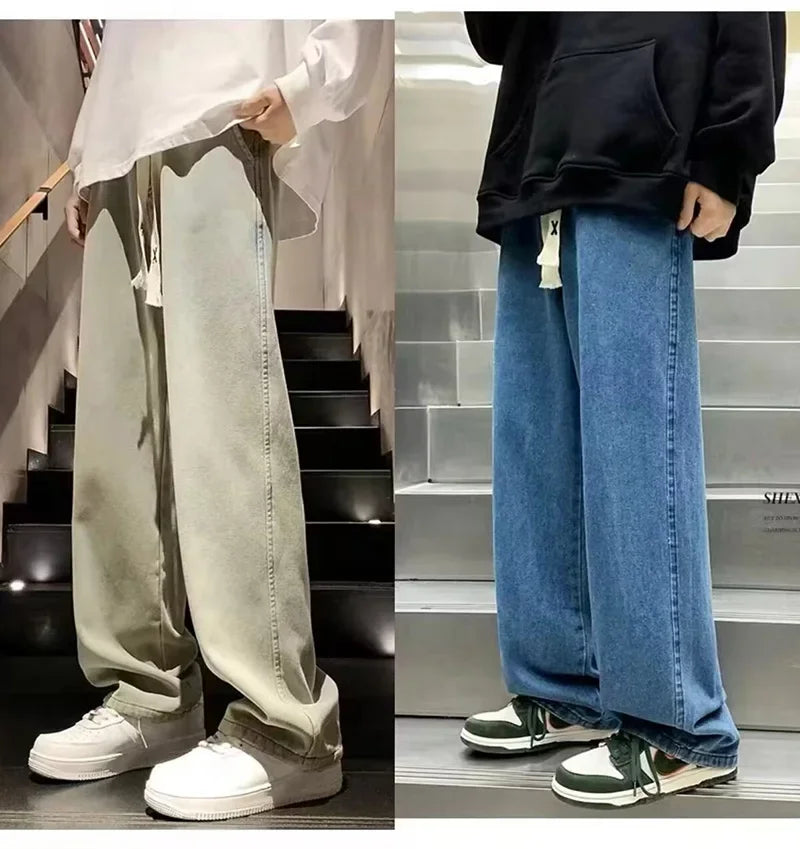 Black Vintage Men Jeans Spring Trend Straight Elastic Waist Wide Leg Denim Pants Male Daily High Street Comfortable Trousers
