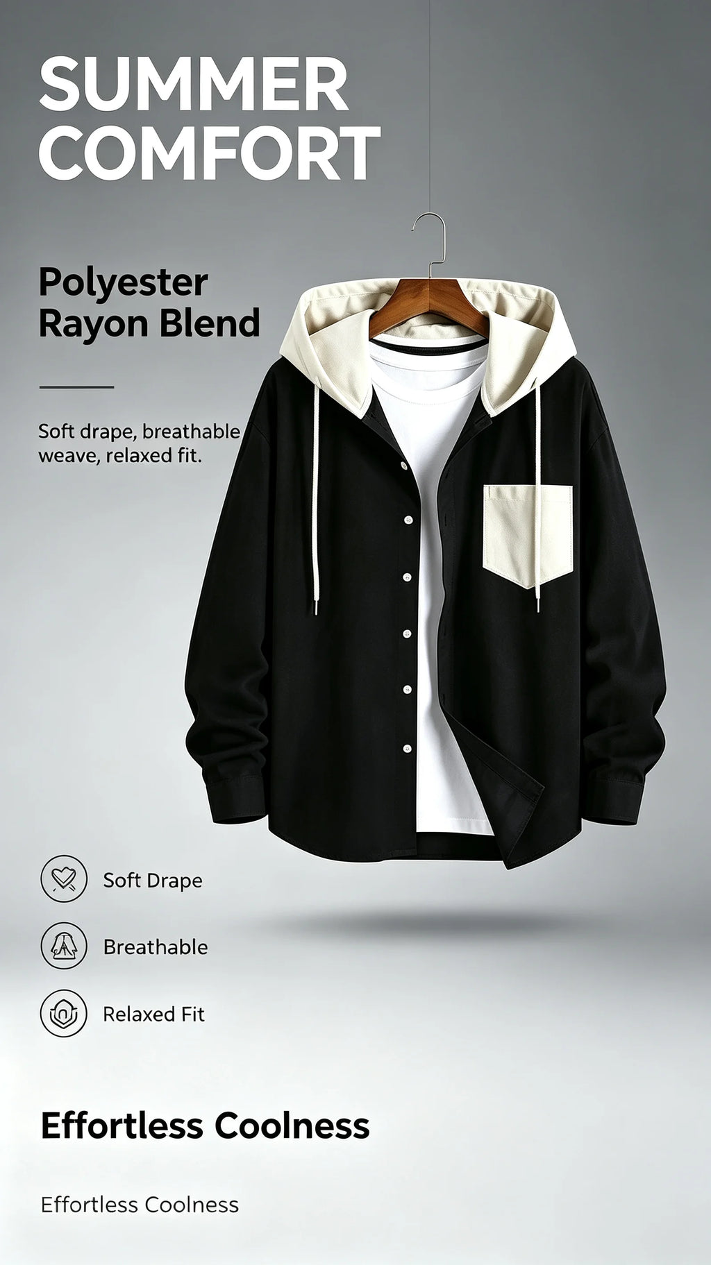 Men Contrast Color Hooded Shirt Long Sleeve Single Pocket Breathable Loose Casual Outerwear For Daily Wear