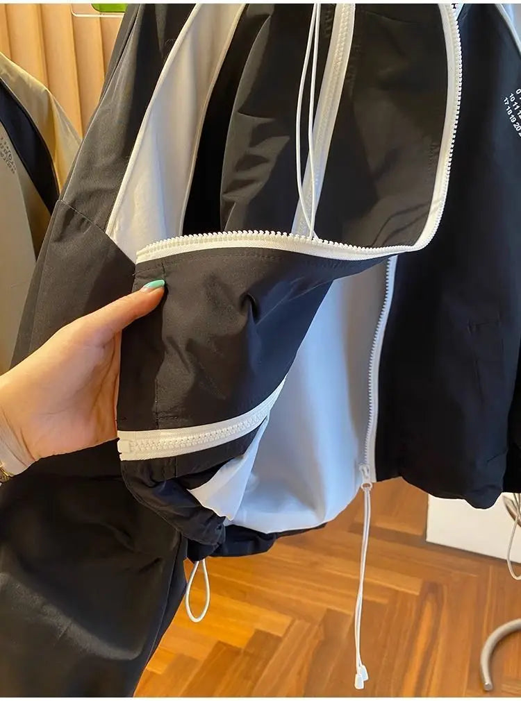 Color-Blocked Loose Casual Stand Up Collar Trench Coat Women's Spring Autumn Patchwork Short Jacket Double Zipper Outwear