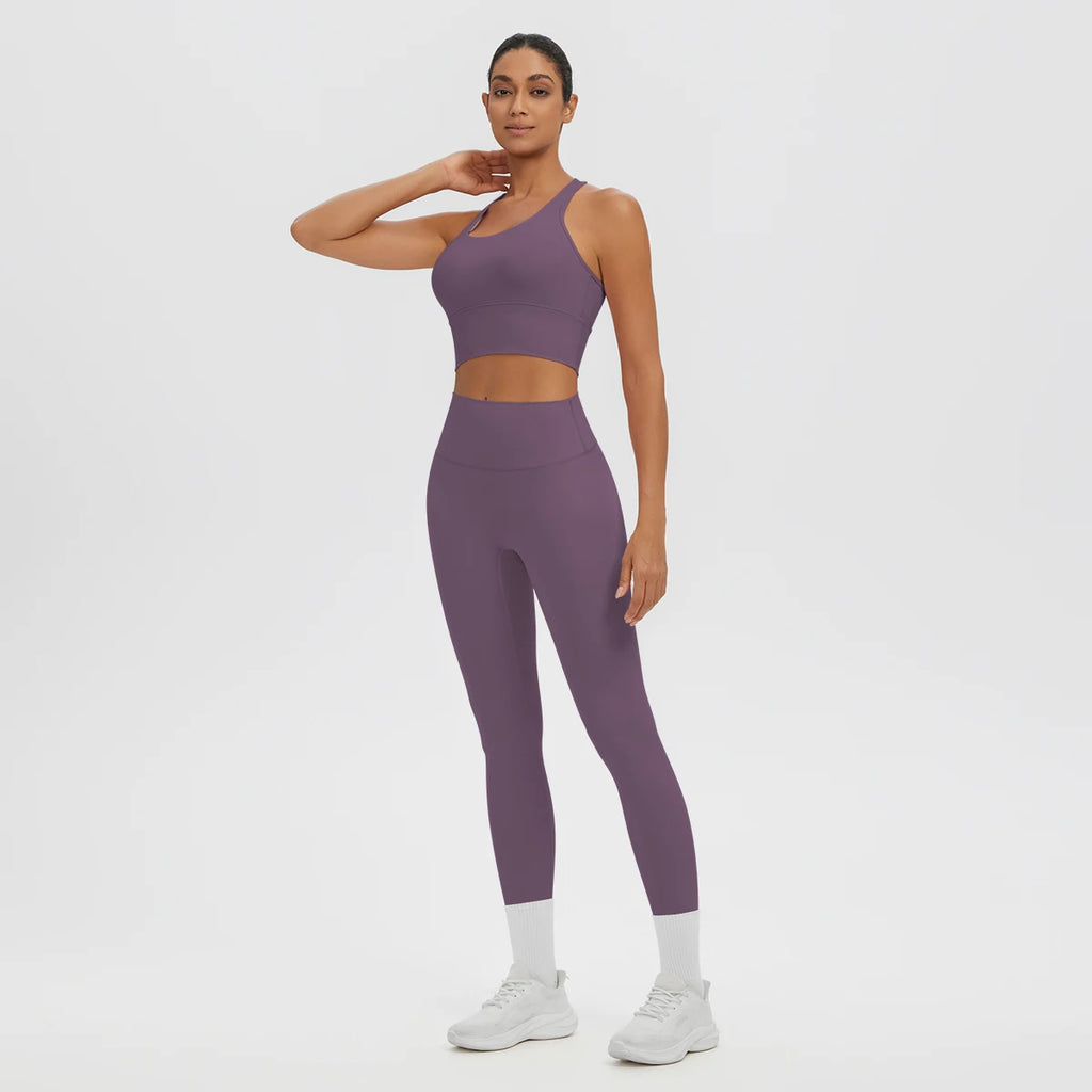 2PCS/set Gym Sports Yoga Suit for Women's Solid Color High Stretch Quick Drying Legging Yoga Pants Gather I-shaped Vest Yoga Set