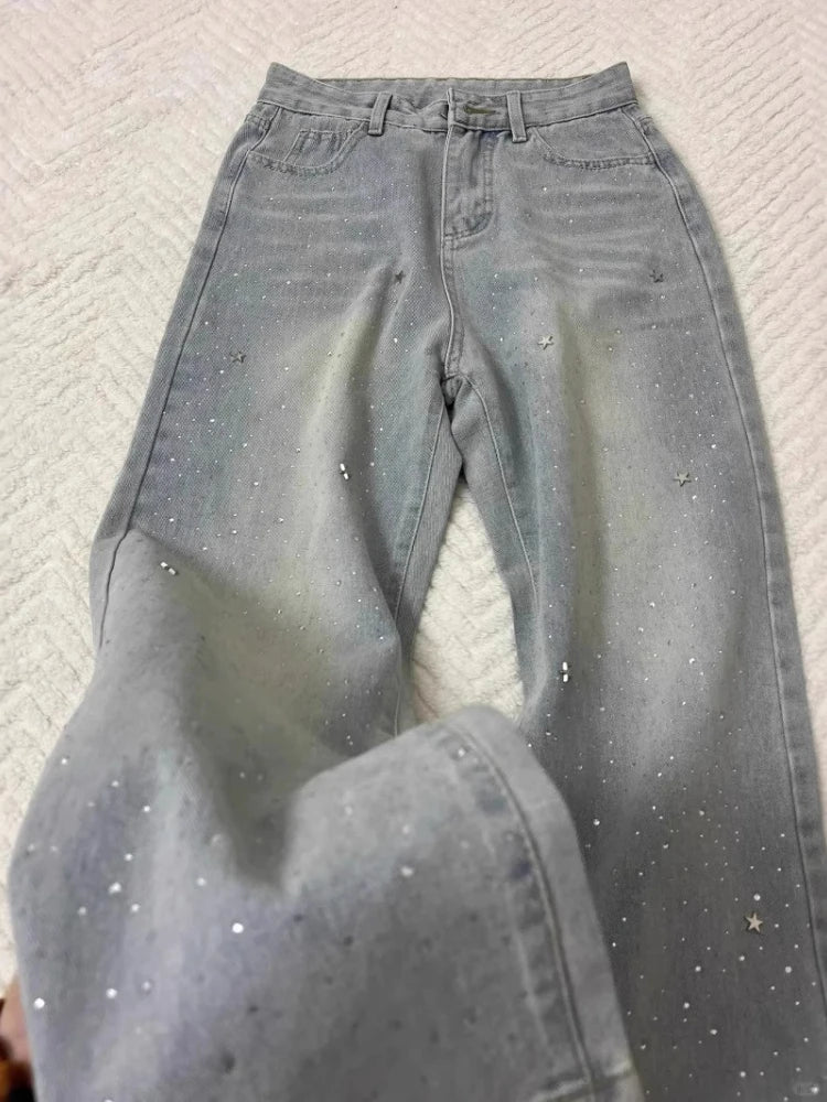 Spring Autumn Women Light-colored Stars Rhinestone Shiny Slim Wide-leg Baggy Jeans Fashion Joker Straight Pants Female Clothing