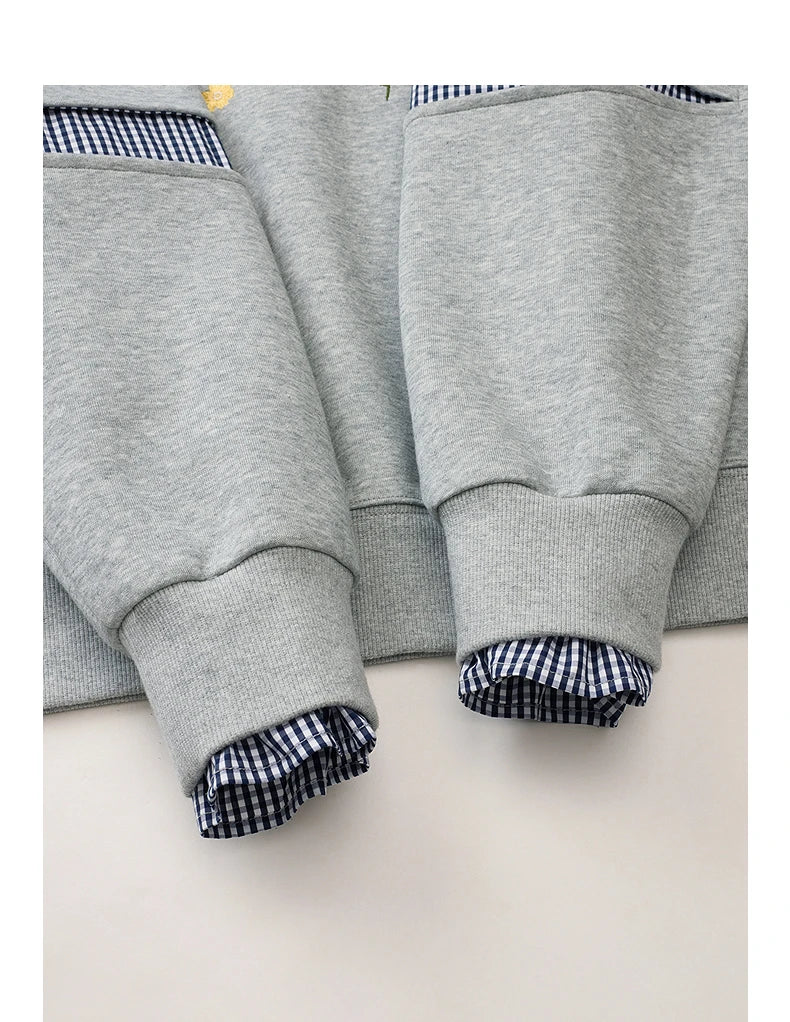 TOYOUTH Women's Sweatshirt 2026 Autumn New Loose Deconstructed Faux Two-Piece Plaid Dachshund Print Vintage Pullover Top