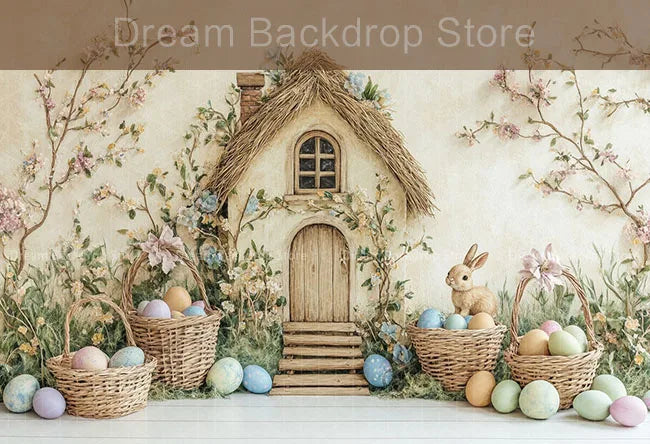 Spring Easter Background Photography Cute Rabbit Carrot Bunny Egg House Backdrop Decor for Kids Birthday Cake Smash Photo Studio