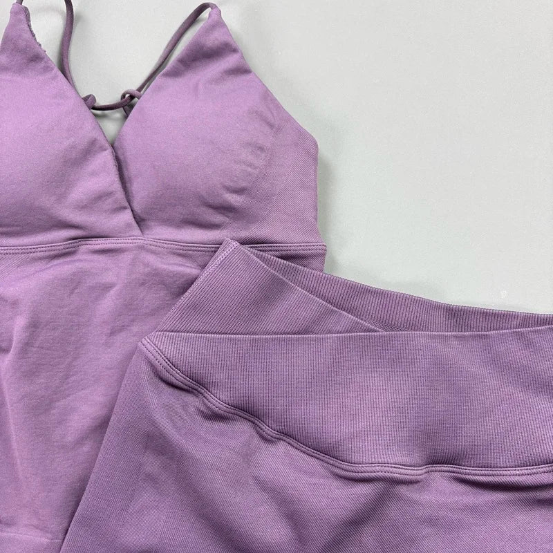 2Pcs Workout Shorts Set Women Cross Waist Scrunch Butt Shorts Tummy Control Racerback Tank Top Running Fitness Two Piece Suit
