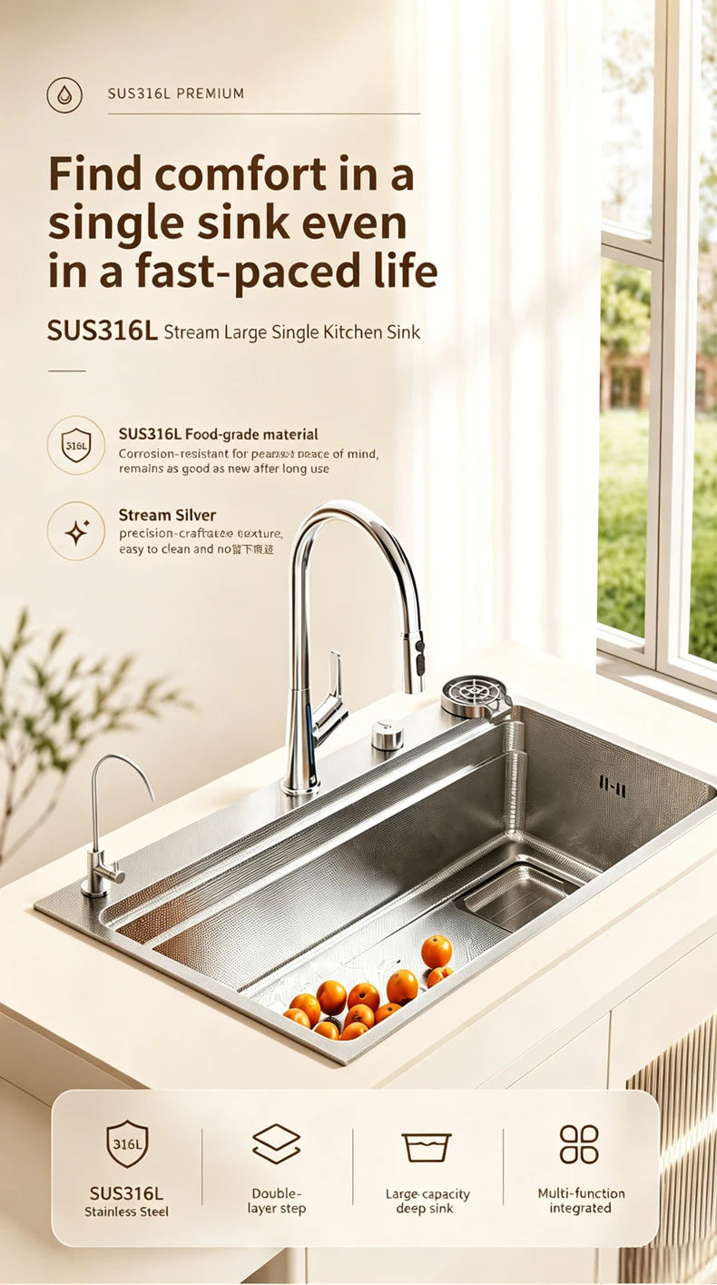 316L Stainless Steel Kitchen Sink Undermount Sinks Antiscratch Rice Granule Embossing Large Single Slot Dish Wash Basin