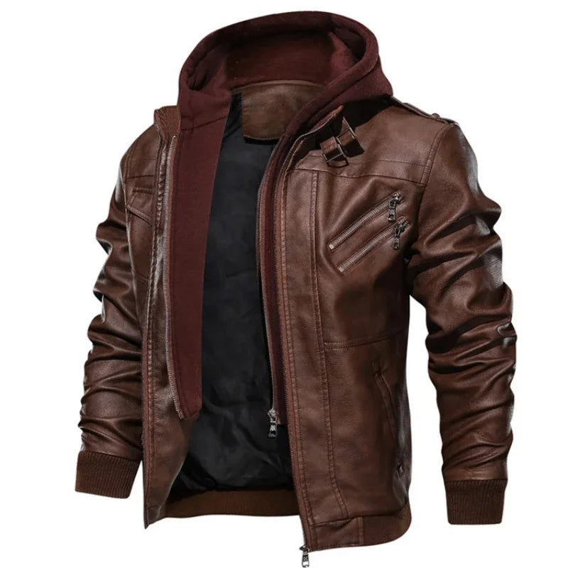 New Men's Hooded Leather Jackets Autumn Winter Casual Zipper Motorcycle PU Jacket Biker Leather Coat Hat Detachable Punk Outwear
