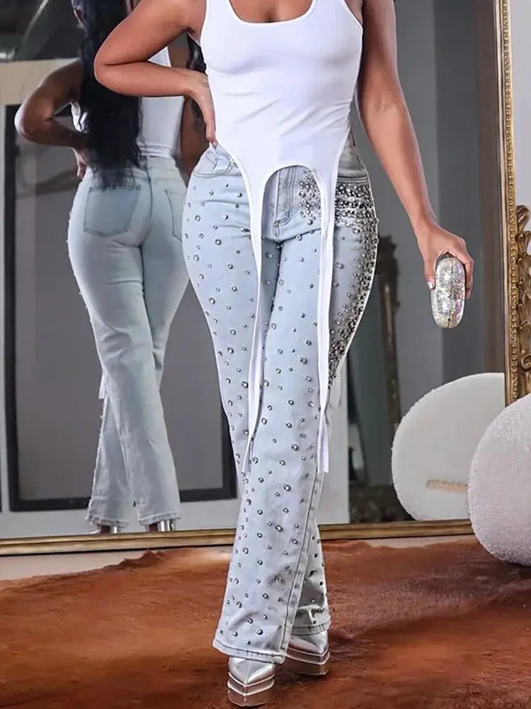 High Waist Slim Beaded Denim Jeans Women's Spring Casual Fashion Ladies' Premium Quality Jeans
