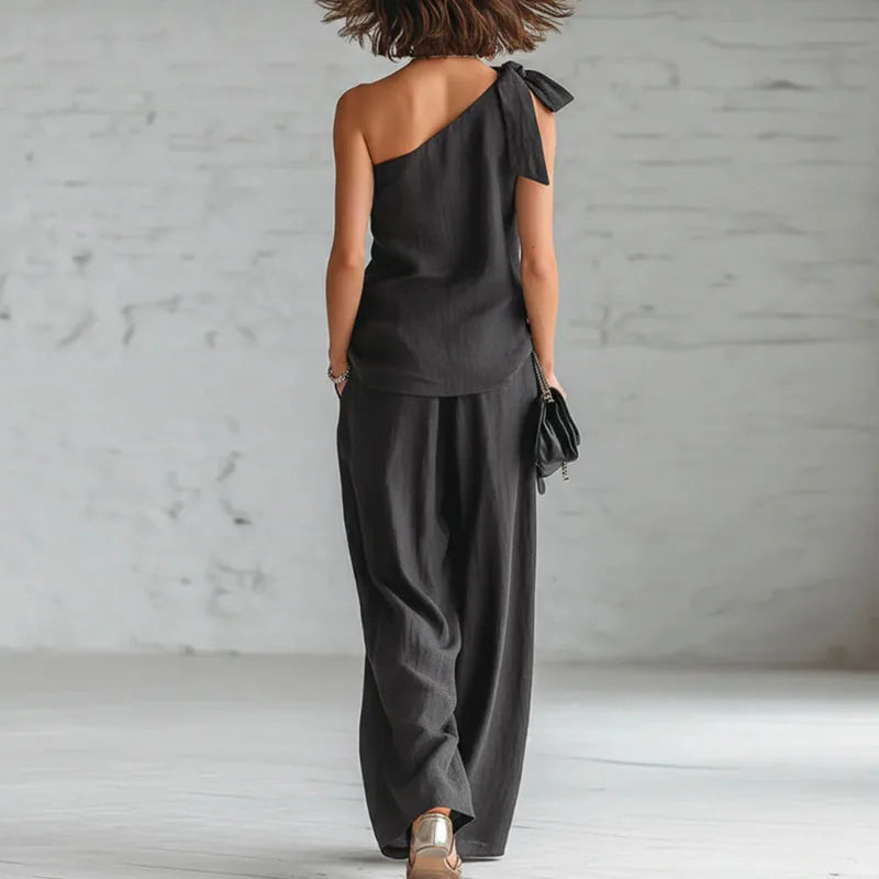 Women's 2 Piece Set 2026 Spring Sexy One Shoulder Tie Knot Top And Wide Leg Pants Suit Casual Loose Summer Beach Vacation Outfit